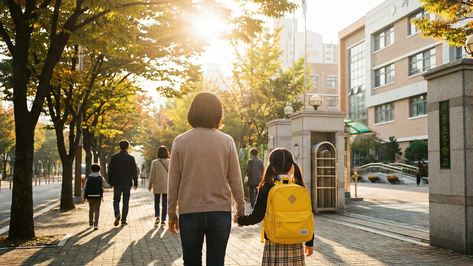 경계선 지능을 극복하고, 엄마와 손을 잡고 밝은 아침 햇살을 받으며 일반 초등학교로 당당하게 등교하는 7세 아이의 뒷모습
