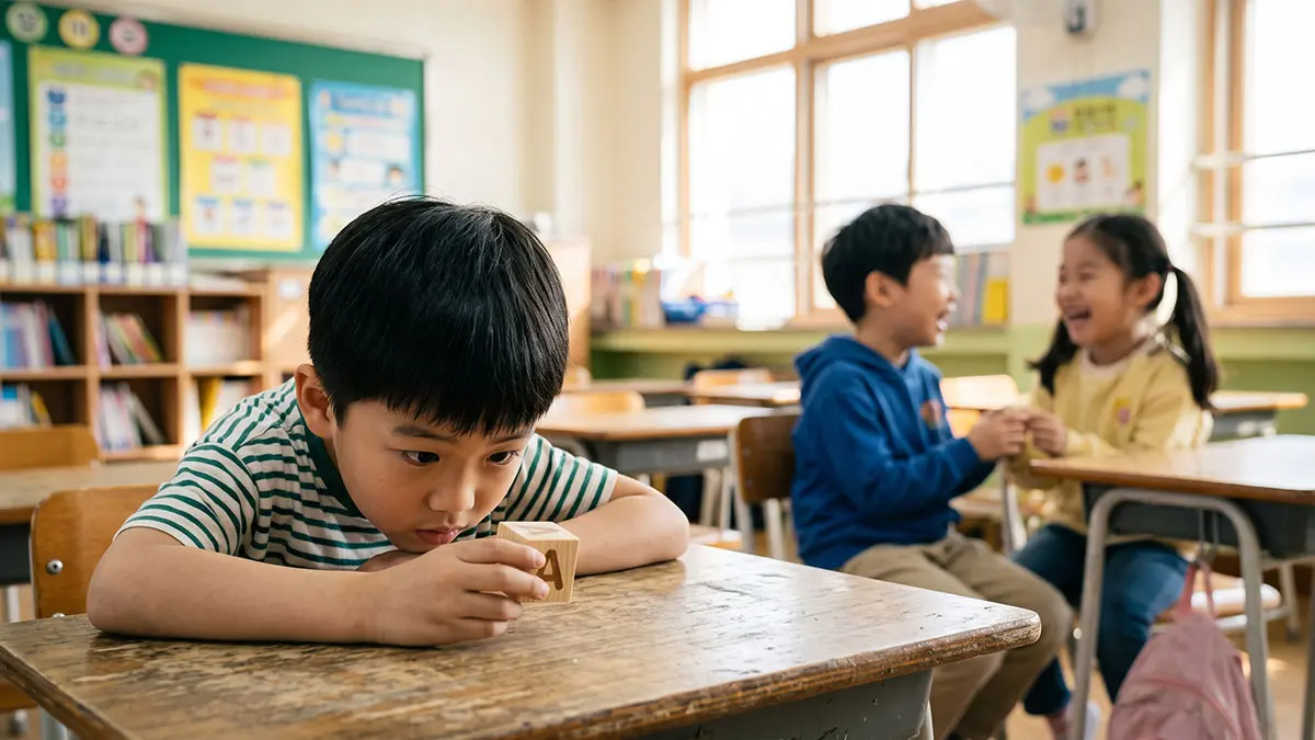 배경의 다른 아이들이 서로 어울리는 동안 한 아이가 특정 블록에 집중하고 있는 모습은 중심 응집력이 약함을 보여준다.