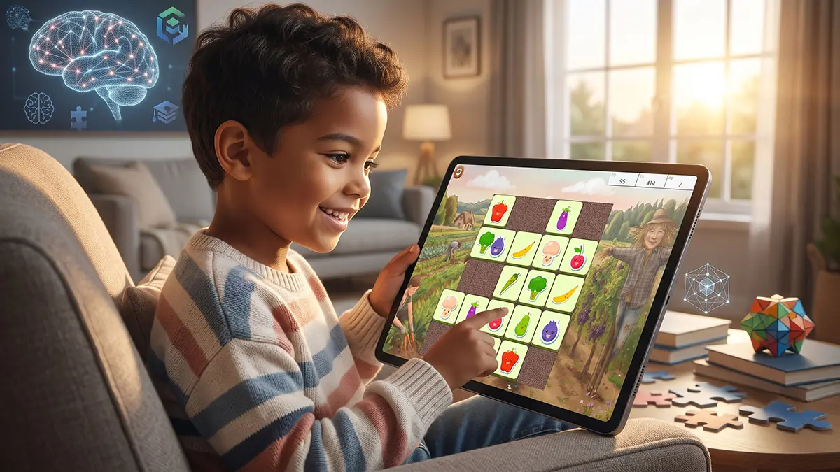 A confident child expanding their cognitive capacity through a neuroscience-based tablet training program at home