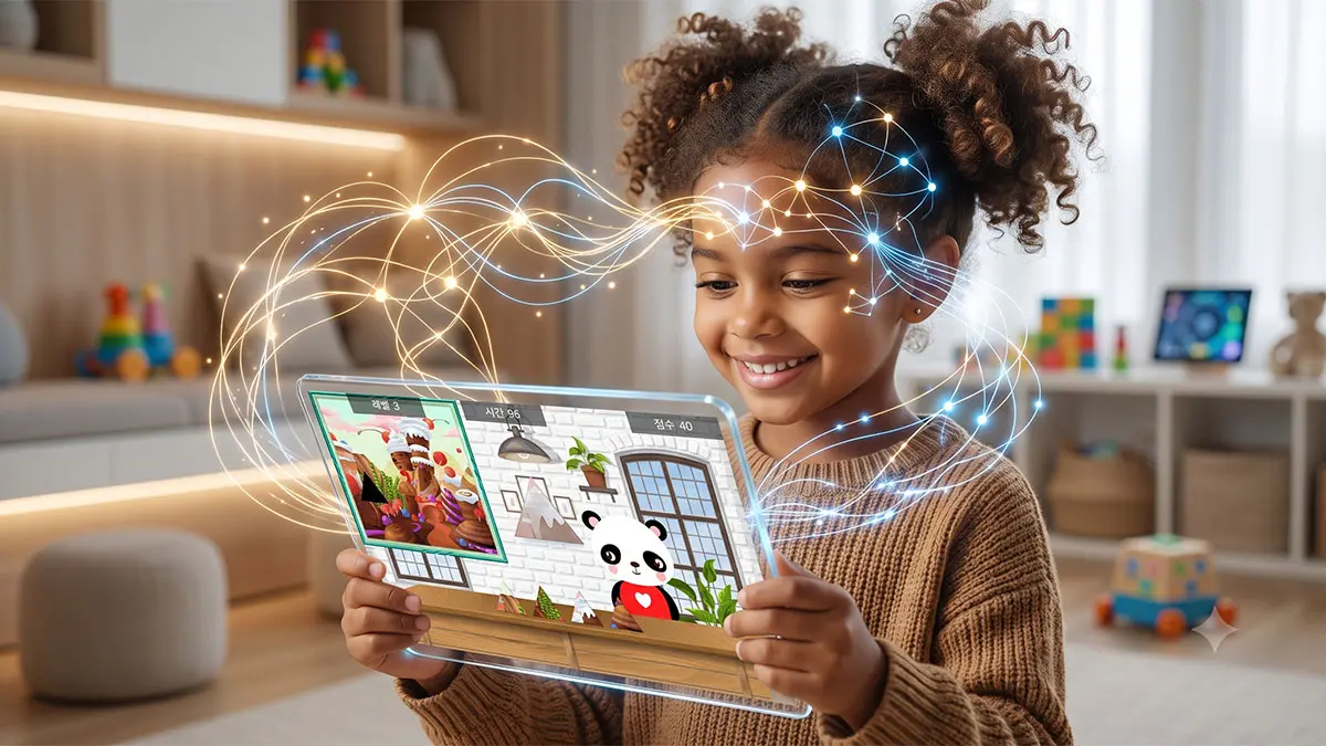 A smiling diverse child using a tablet for cognitive training, surrounded by glowing neural lines representing brain plasticity and DTx intervention.