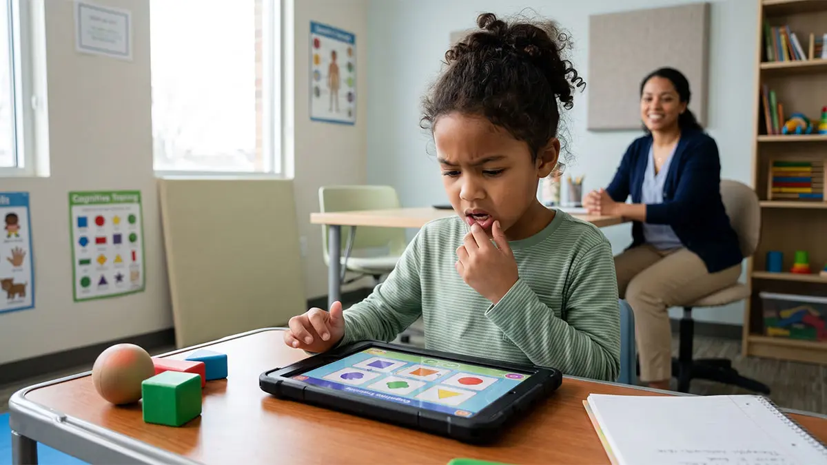 A diverse child focusing on a tablet cognitive game, struggling to express words