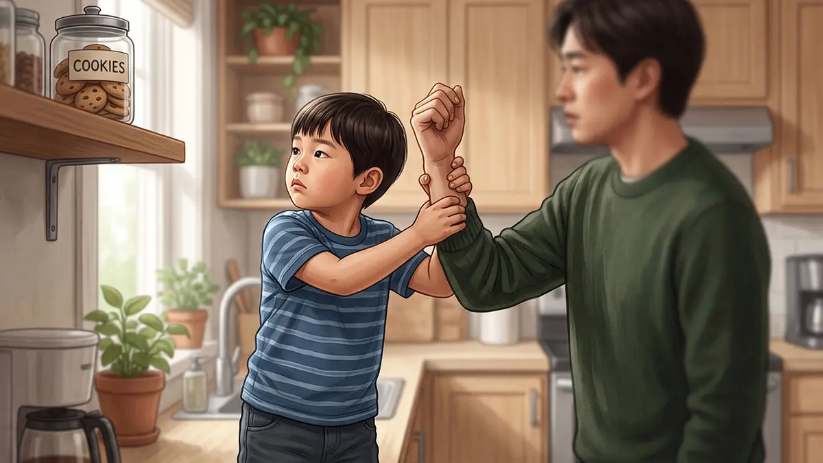 아이가 눈을 마주치지 않고 원하는 물체 쪽으로 어른의 손을 잡아당기는 모습은 사회성 발달 지연에서 나타나는 '크레인' 현상을 보여줍니다.