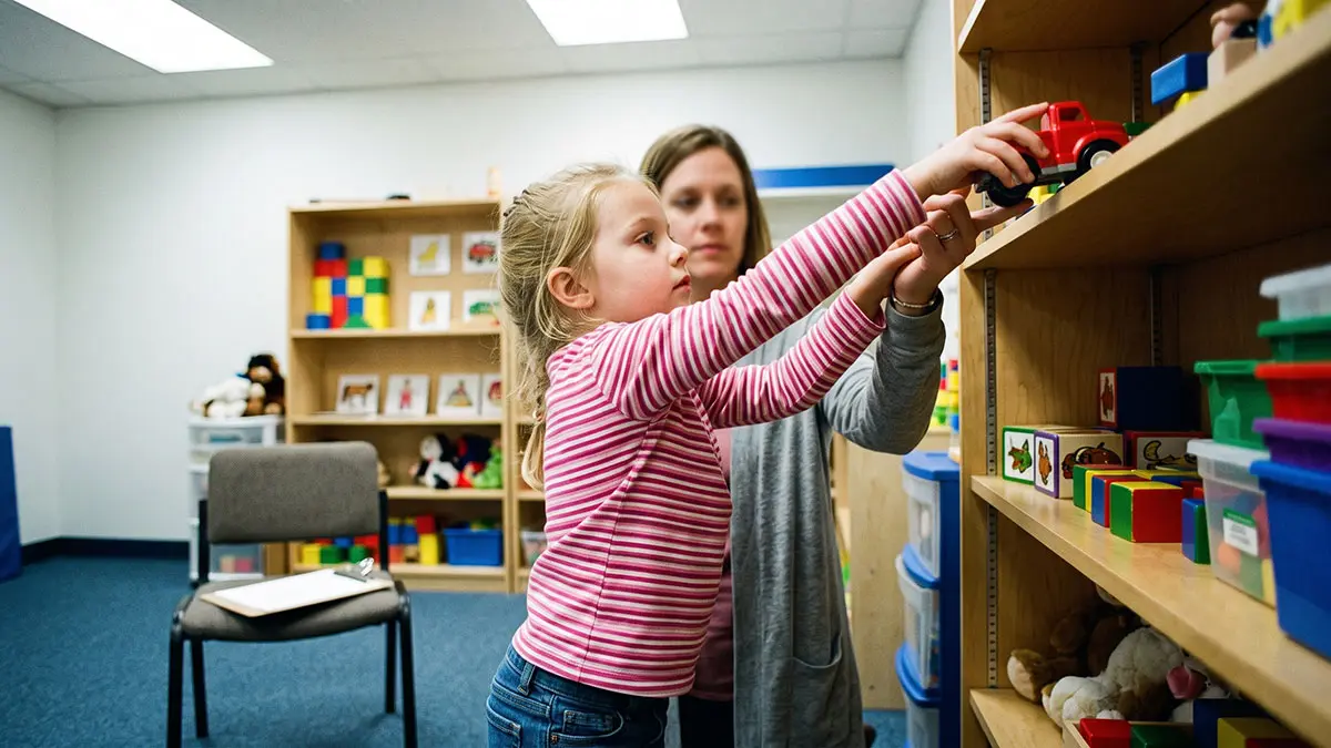A young Caucasian girl pulling her mother's hand to reach a toy without making eye contact, illustrating hand-leading in social communication delays.