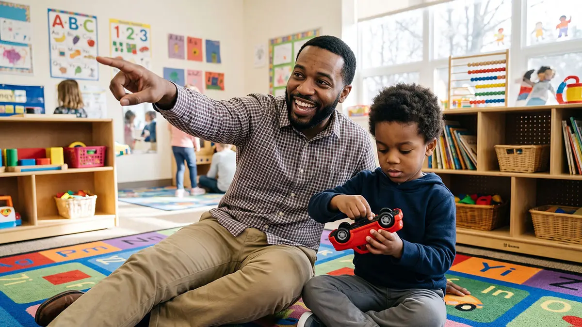 A father pointing out a window while his son focuses entirely on spinning a toy car's wheels, demonstrating a lack of joint attention and pretend play.