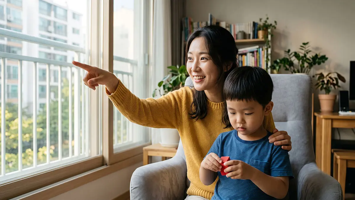 엄마가 어떤 물체를 가리키는 동안 아이는 오로지 장난감 블록에만 집중하고 있다. 공동 주의력의 부족과 비정상적인 시선 움직임을 보여주는 사례.