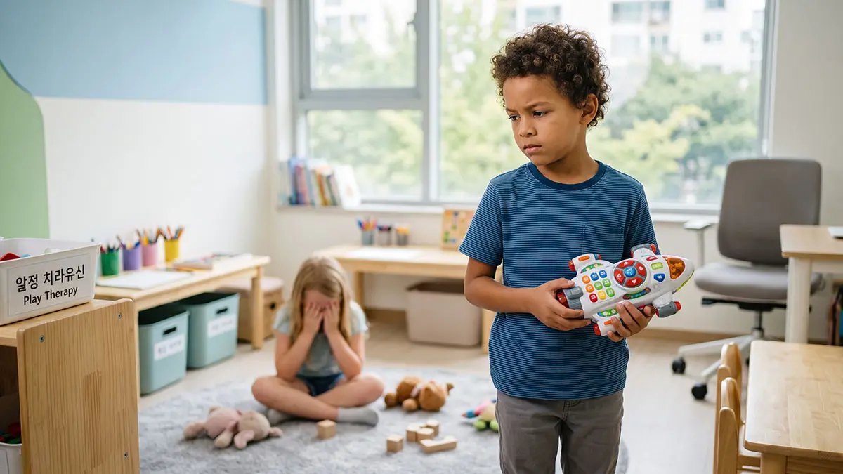 A child pausing to consider a peer's emotional state before acting, showcasing the medial prefrontal cortex (mPFC) and social behavior regulation.