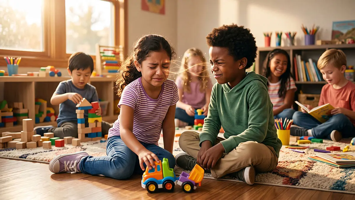 Diverse children sharing an empathetic reaction, illustrating mirror neurons and emotional contagion in action.