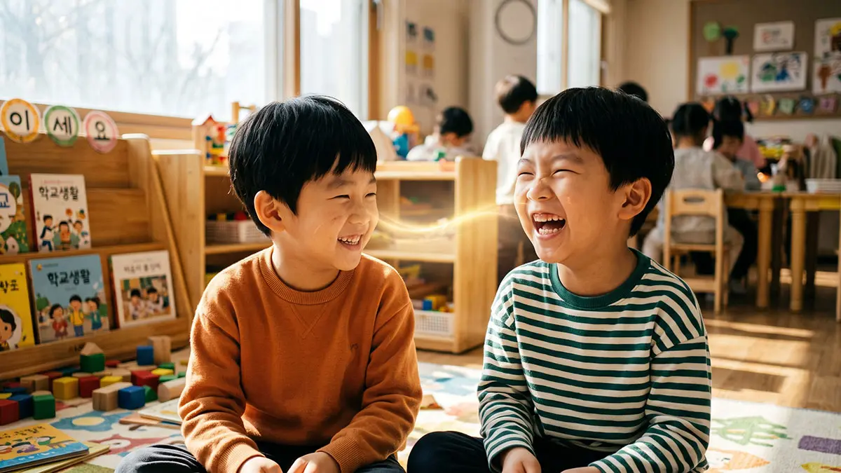 환하게 웃는 친구를 보며 무의식적으로 따라 웃는 한국 아동의 모습으로, 거울신경세포를 통한 정서적 전염을 보여줍니다.
