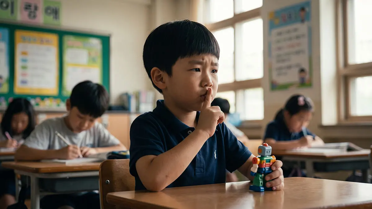 진지한 교실 분위기를 파악하고 장난치고 싶은 충동을 스스로 억제하는 아동의 모습으로, 내측 전두엽(mPFC)의 역할을 나타냅니다.