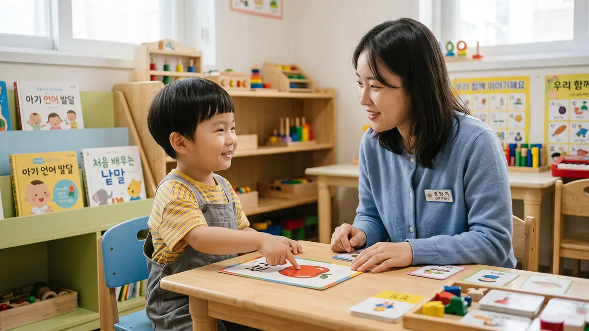 치료사와 눈을 맞추며 비언어적으로 소통의 의지를 보이지만 음성 산출로 이어지지 않는 모습