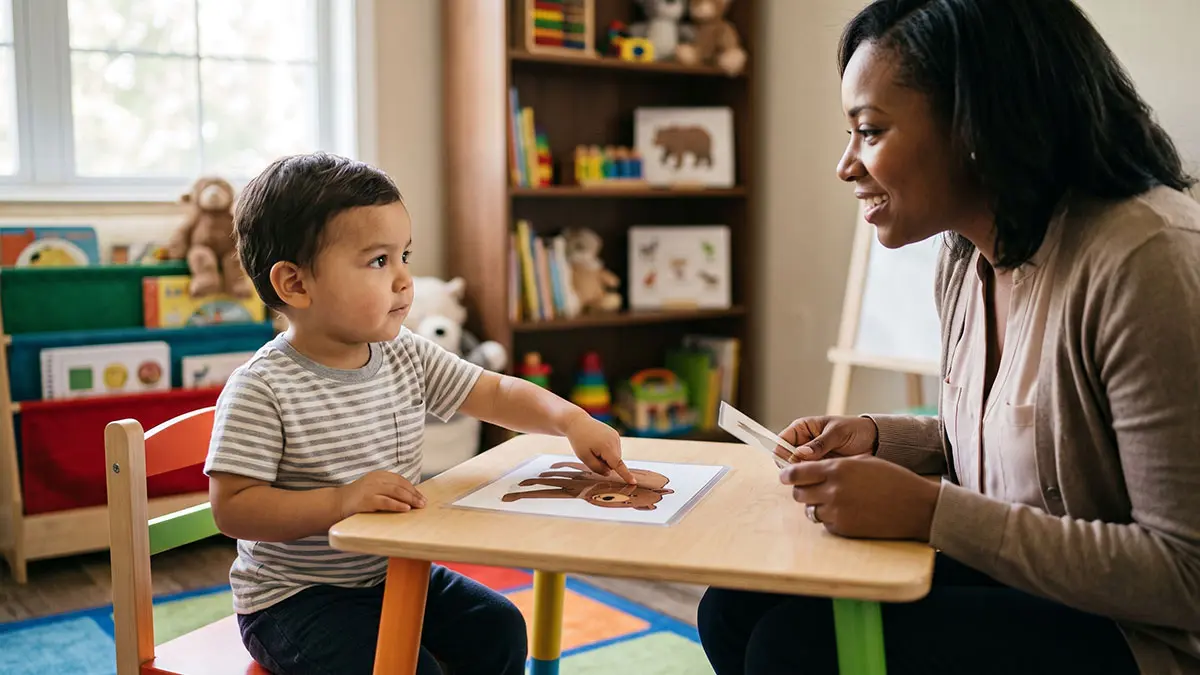 Toddler making eye contact and pointing at a card with a speech therapist without speaking