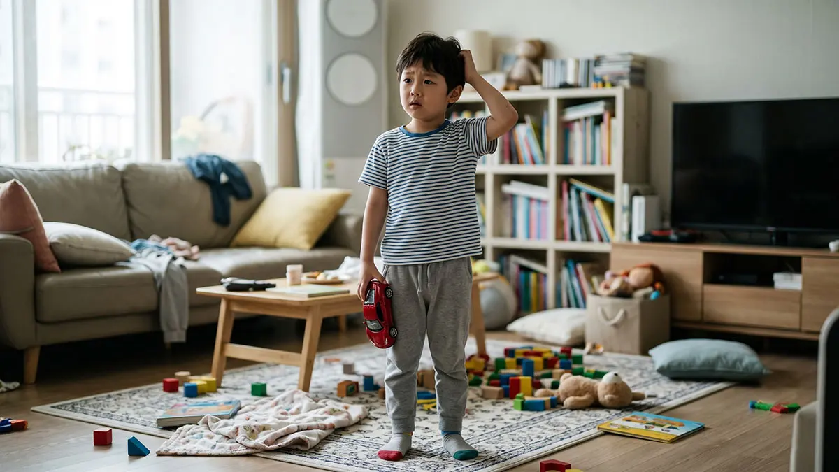 심부름 지시사항을 잊어버리고 혼란스러워하는 작업기억력이 부족한 한국 아이의 모습