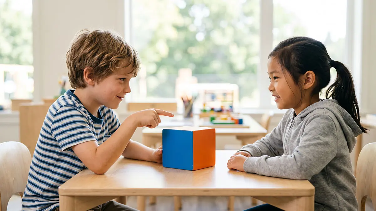 Children understanding different visual perspectives of the same object, representing the Temporoparietal Junction (TPJ) and Theory of Mind.