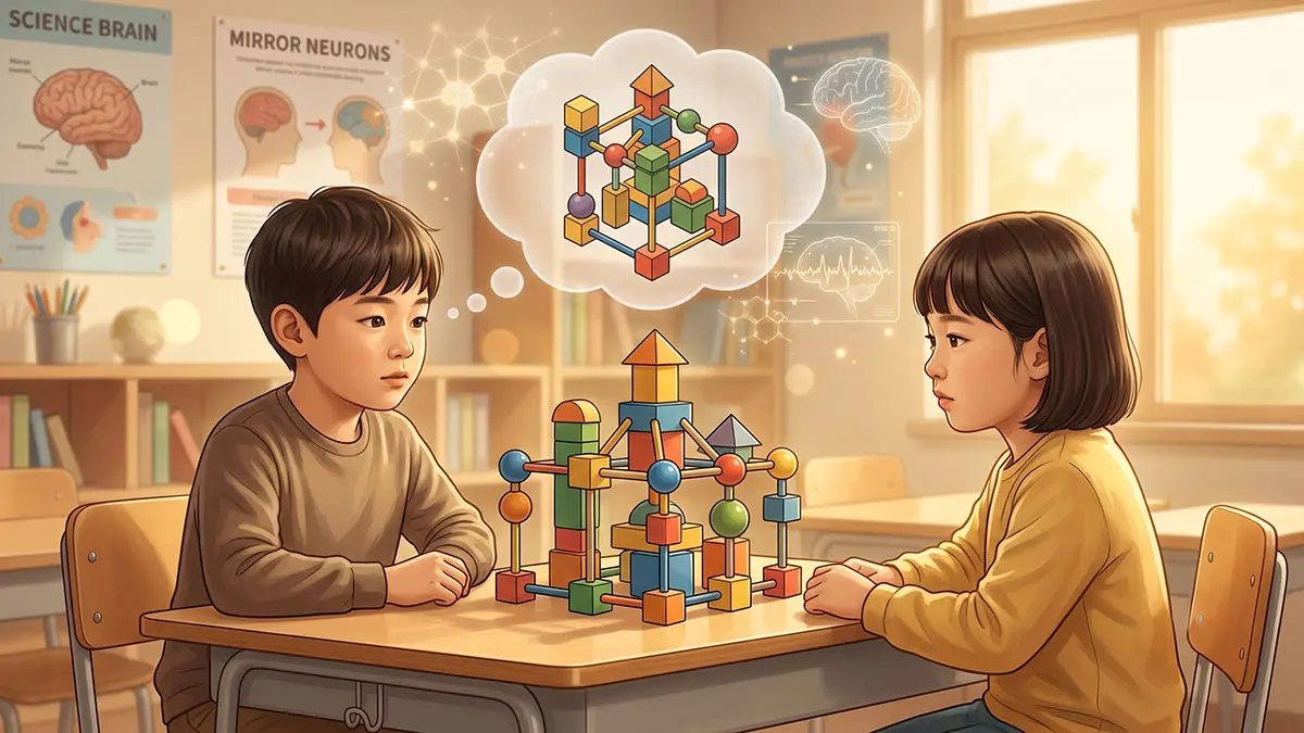 친구의 자리에서는 블록이 어떻게 보일지 상대방의 관점을 상상하는 아이의 모습으로, 측두두정연접부(TPJ)의 기능을 상징합니다.