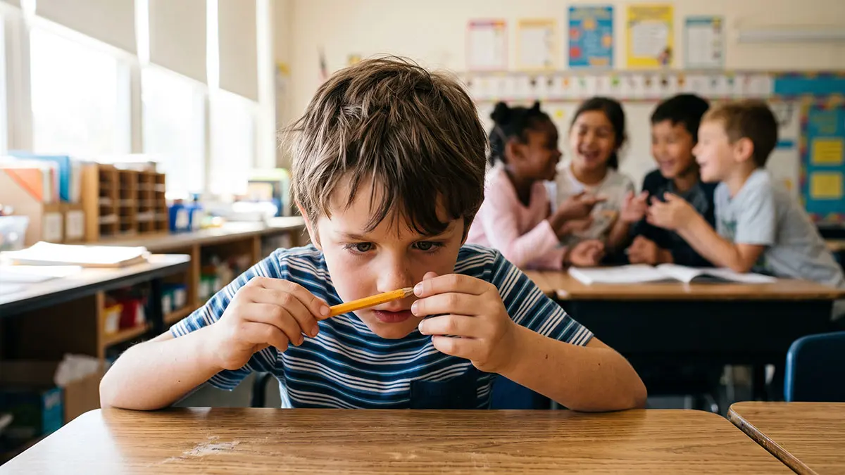 A boy focusing intensely on a pencil's detail while peers interact in the blurred background, demonstrating weak central coherence in a classroom.