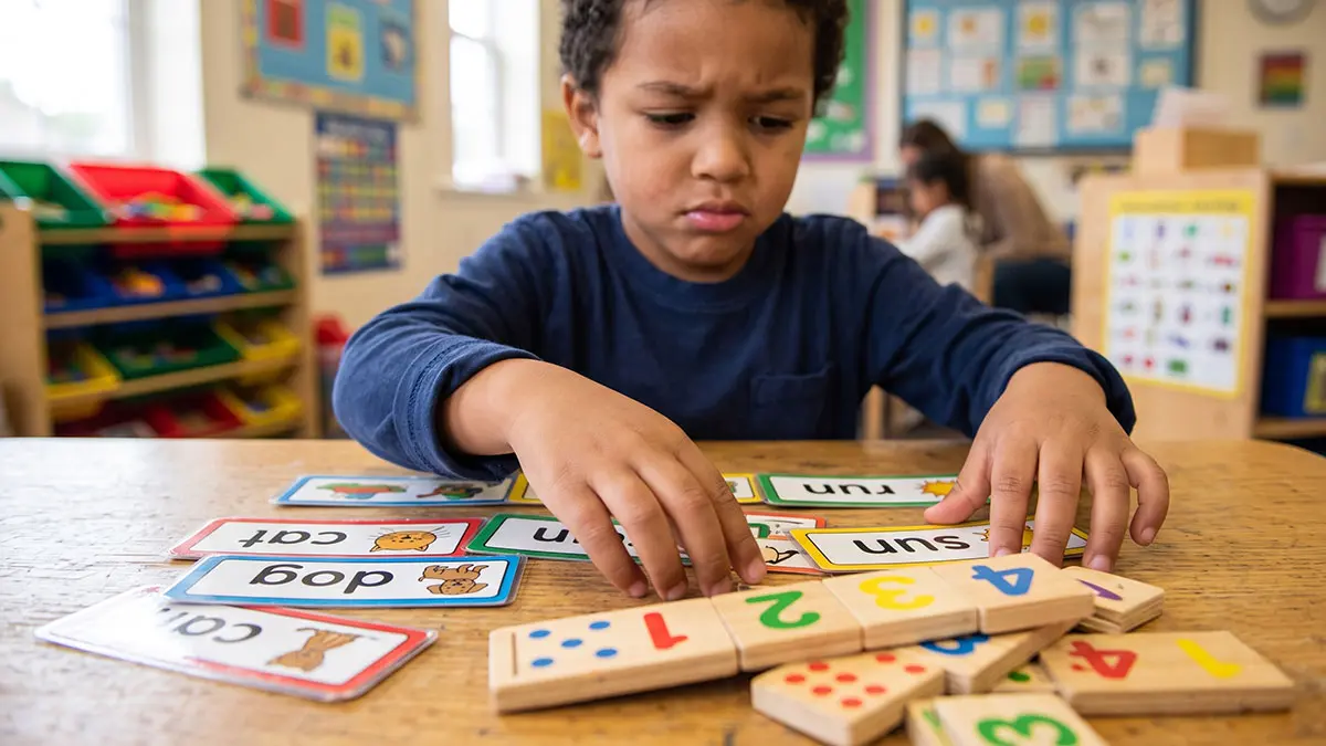 Child looking cognitively overloaded while arranging multiple word cards and blocks