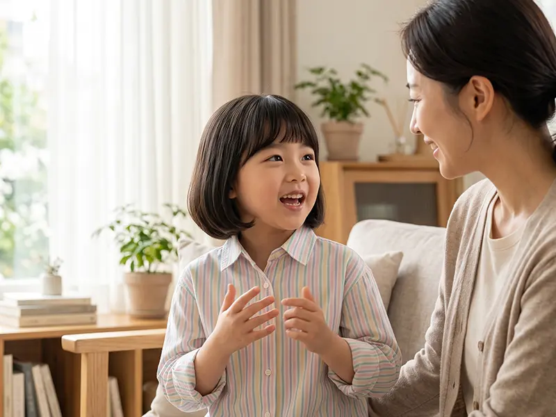 엄마에게 즐겁게 이야기하는 아이